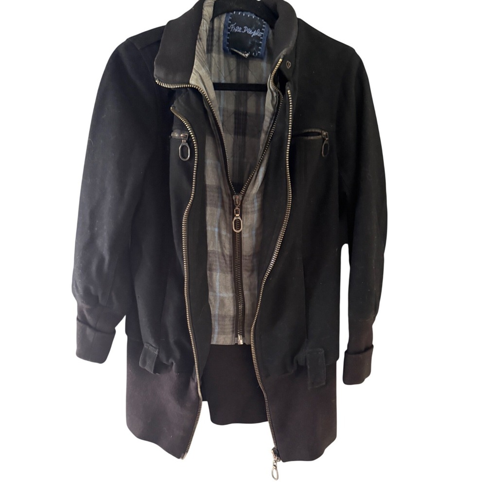 Free People Black Wool Blend Layered Plaid Bib Bomber Jacket Women Size 6 Grunge